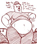 5_fingers abdominal_bulge anthro belly big_belly bottomwear clothed clothing dialogue female fingers fully_inside fur hand_on_hip hat headgear headwear narrowed_eyes navel open_mouth outside pants poking raised_clothing raised_shirt raised_topwear shirt soft_vore solo standing text topwear vore oystercatcher7 disney zootopia major_friedkin bear mammal polar_bear ursine 2022 hi_res portrait three-quarter_portrait