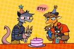 birthday birthday_cake brown_body brown_fur brown_hair cake clothing curled_hair curved_horn dessert eyewear facial_hair feral food fur glasses goatee grey_body grey_fur group hair half-closed_eyes hat headgear headwear horn male multicolored_body multicolored_fur narrowed_eyes open_mouth open_smile overalls party_hat pink_body pink_sclera pink_skin sharp_teeth smile teeth two_tone_body two_tone_fur happyroadkill happy_(happyroadkill) moche_(mocheccino) american_opossum bovid canid canine canis caprine chihuahua domestic_dog mammal marsupial sheep toy_dog hi_res