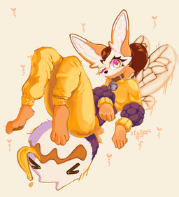 andromorph anthro bell big_ears bottomwear clothing collar eyewear fur glasses intersex orange_body orange_fur pants simple_background solo tail tail_mouth tan_body tan_fur unusual_anatomy unusual_tail wings crietgh criet arthropod bee canid canine fox hybrid hymenopteran insect mammal absurd_res hi_res
