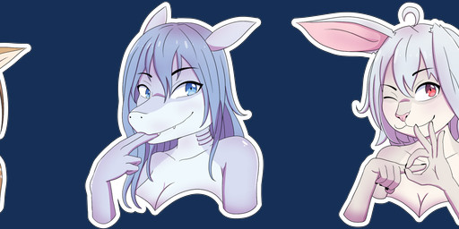 anthro blue_body blue_skin brown_body brown_fur dark_body dark_fur female fur group solo_focus sticker white_body white_fur artoonu aquatic canid canine deer fish hare lagomorph leporid mammal rabbit shark absurd_res alpha_channel hi_res icon long_image wide_image