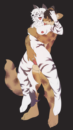 anthro balls breast_grab breasts brown_hair dominant dominant_male duo female from_behind_position fur genitals grey_body grey_fur hair hand_on_breast hand_on_head holding_partner holding_up_other_character lifting lifting_partner looking_pleasured male male/female multicolored_body multicolored_fur nipples penetration sex smile standing standing_sex tongue tongue_out vaginal vaginal_penetration white_body white_fur white_hair yellow_body yellow_fur anic_(artist) domestic_cat felid feline felis mammal serval