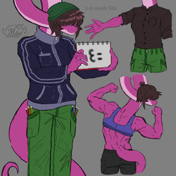 :3 anthro beanie biped black_bottomwear black_clothing black_pants bottomwear bra breasts brown_hair clothed clothed_anthro clothed_female clothing colored_pencil female fingers fist flexing flexing_bicep flexing_both_biceps front_view green_bottomwear green_clothing green_pants grey_background grey_clothing grey_shirt grey_topwear hair hat headgear headwear holding_object humanoid_hands jacket logo long_tail medium_breasts medium_hair multiple_poses muscular muscular_anthro muscular_female non-mammal_breasts notebook pants paper pose purple_body purple_bra purple_clothing purple_jacket purple_topwear purple_underwear rear_view shirt simple_background smile solo sports_bra tail text topwear underwear may_kiramel devlog:_a_post-modern_college_experience emily_(devlog) brontosaurus dinosaur diplodocid diplodocoid prehistoric_species reptile saurischian sauropod sauropodomorph scalie 1:1 2025 absurd_res artist_logo artist_name colored hi_res multiple_images