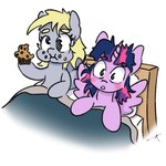 bed blonde_hair blonde_mane blush derpy_hooves_(mlp) duo eating equid equine female female/female food friendship_is_magic furniture grey_body hair hasbro hi_res horn horse mammal mane messy_hair muffin my_little_pony mythological_creature mythological_equine mythology pegasus pony purple_body purple_hair purple_mane simple_background tuskonline twilight_sparkle_(mlp) white_background wide_eyed winged_unicorn wings