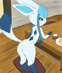 ambiguous_gender bread breakfast chopsticks eating eeveelution feral food generation_4_pokemon glaceon hi_res mammal neckbeardneet nintendo pillow pokemon pokemon_(species) solo toast