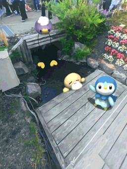 ambiguous_gender anthro beak blue_body eyes_closed feral flower gesture group hand_gesture looking_at_viewer plant pointing pointing_at_another purple_body trio water yellow_body watawatakuro nintendo pokemon background_character avian bird drifloon generation_1_pokemon generation_4_pokemon human mammal penguin piplup pokemon_(species) psyduck spirit 2025 hi_res