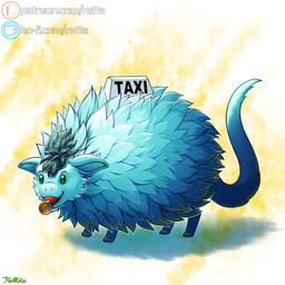 ambiguous_gender blue_body blue_fur commercial_vehicle feral fur green_eyes green_highlights highlights_(coloring) horn_(musical_instrument) long_ears musical_instrument object_in_mouth poof shadow sign simple_background solo tail taxicab teal_body teal_fur vehicle white_background wind_instrument yellow_background conditional_dnp ratte ko-fi patreon sotheklos mammal 1:1 2026 signature male_(lore)