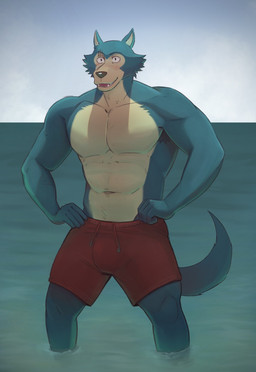 anthro blue_body blue_fur clothed clothing countershade_face countershade_fur countershade_torso countershading eye_scar facial_scar fur hands_on_hips male muscular muscular_male scar sea sky solo swimming_trunks swimwear topless topless_anthro topless_male water zcdartz beastars legoshi_(beastars) canid canine canis mammal wolf 2024 hi_res