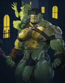 5_fingers 5_toes abs anthro detailed_background duo ear_piercing ear_ring facial_piercing feet fingernails fingers genitals green_body green_skin hairy humanoid_genitalia humanoid_penis male male/male muscular muscular_humanoid muscular_male nails navel navel_piercing nipples nose_piercing nose_ring pecs penis piercing pubes ring_piercing septum_piercing septum_ring size_difference toenails toes tusks vein veiny_penis eruprior krenor_(eruprior) goblin humanoid orc hi_res