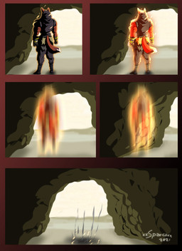 anthro armor big_muscles bottomwear bracers burn_mark cave clothed clothing footwear fur glowing hood male multicolored_body multicolored_fur muscular red_body red_fur smoke solo teleportation topwear two_tone_body two_tone_fur white_body white_fur xxsparcoxx acarius_medjay teofacio_larna canid canine fox mammal red_fox true_fox 2021 comic digital_media_(artwork) hi_res