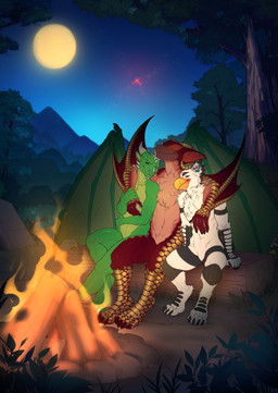 anthro beak bovid_horn campfire camping caprine_horn cheek_spikes cheek_tuft chest_tuft chin_spikes claws ear_piercing eyes_closed facial_spikes facial_tuft finger_claws fire fireplace flower flower_accessory flower_on_head fluffy fluffy_chest fur gold_scales green_body group holding_another holding_arm horn hug hugging_another inner_ear_fluff landscape leaning_on_another log male moon multicolored_body multicolored_fur neck_tuft night nude nude_anthro nude_male piercing plant ram_horn red_body resting scales sky spikes spikes_(anatomy) star tent toe_claws tree trio tuft two_tone_body wings wood tres-art capcom monster_hunter mythology arthur_the_eagle bessa draco_the_green_(character) x-wingred accipitrid accipitriform avian bird dragon eagle flying_wyvern mythological_creature mythological_scalie nargacuga scalie 2025 absurd_res digital_drawing_(artwork) digital_media_(artwork) hi_res