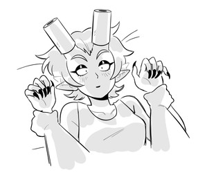 2_horns accessory ambiguous_gender blush breasts claws clothed clothing duo ear_motion eyeliner eyeshadow female finger_claws furgonomics hair horn horn_accessory horn_cover makeup nails not_furry pool_noodle pool_noodle_over_horn sharp_nails shirt short_hair simple_background solo_focus tank_top topwear white_background kianamai pretty_pretty_please_i_don't_want_to_be_a_magical_girl lady_devoid human humanoid mammal digital_media_(artwork) greyscale monochrome sketch