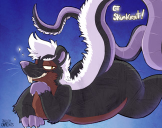 anthro bedroom_eyes big_butt big_tail butt hair incisors long_tail looking_at_viewer lying male narrowed_eyes on_front overweight overweight_male seductive solo sparkles tail tail_coil whiskers white_hair graedius_(artist) gtskunkrat gtskunkrat_(character) hybrid mammal mephitid murid murine rat rodent skunk artist_collaboration hi_res
