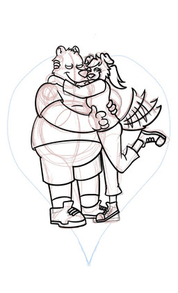 anthro bottomwear clothed clothing duo female footwear fully_clothed hair half-closed_eyes hug male male/female narrowed_eyes pants ponytail shirt shoelaces shoes shorts sketch_marks smile sneakers tail tail_motion tailwag teeth_showing topwear foxmanad dom_(foxmanad) spotty_(whatindalmatian) bear canid canine canis domestic_dog mammal hi_res sketch