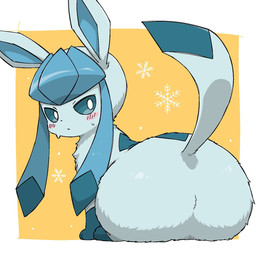 ambiguous_gender big_butt blue_body blue_eyes blush bodily_fluids butt dipstick_tail feral fur fur_markings gloves_(marking) leg_markings looking_back markings pseudo_hair sitting snowflake_pattern socks_(marking) solo sweat tail tail_markings noye nintendo pokemon eeveelution generation_4_pokemon glaceon pokemon_(species) 2025 digital_drawing_(artwork) digital_media_(artwork) hi_res