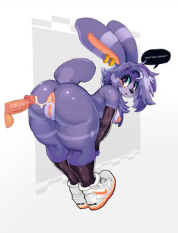 after_sex alternate_species anal anthro anus areola armwear balls big_butt bodily_fluids butt clothing cum cum_from_ass cum_in_ass cum_inside dialogue disembodied_penis ear_piercing ear_ring elbow_gloves erection female fingerless_gloves footwear fur genital_fluids genitals gloves gold_(metal) gold_ear_ring gold_jewelry hair handwear heart_eyes heart_symbol humanoid_genitalia humanoid_penis jewelry leaning leaning_forward looking_back nipples open_mouth penis piercing premature_ejaculation purple_body purple_fur purple_hair ring_piercing shoes simple_background sneakers solo speech_bubble sweat sweaty_face text thick_thighs unimpressed vein vulva white_background wide_hips bunnybaphomet hush_(demivo) lagomorph leporid mammal rabbit digital_drawing_(artwork) digital_media_(artwork) english_text hi_res