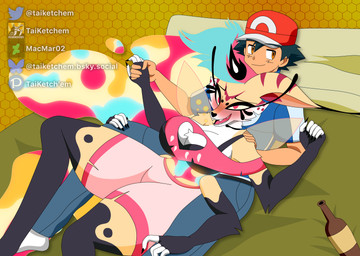 4_arms amber_eyes anthro back_wings bed between_legs big_breasts black_hair blue_bottomwear blue_clothing blue_hair blue_jeans blue_pants blue_shirt blue_topwear blush bottle bottomwear bra breasts cleavage cleavage_cutout clothed clothing container crossover_ship cutout denim denim_bottomwear denim_clothing drunk duo eyelashes eyeliner female female_on_human footwear fur furniture gloves_(marking) goo_hair hair hand_holding hand_on_shoulder hat headgear headwear heart_cutout heart_nose heart_symbol honeycomb_(pattern) human_on_anthro interspecies jeans long_eyelashes lying lying_on_another makeup male male/female male_on_anthro markings midriff multi_arm multi_limb multicolored_hair on_back on_bed pants pink_bottomwear pink_clothing pink_eyes pink_hair pink_shorts pseudo_hair red_clothing red_hat red_headwear shirt shorts smile socks substance_intoxication thick_thighs thigh_highs_(marking) topwear translucent translucent_wings underwear white_body white_fingers white_fur wings yellow_body yellow_fur yellow_sclera taiketchem hellaverse helluva_boss nintendo pokemon ash_ketchum queen_bee-lzebub_(helluva_boss) arthropod bee canid canid_demon canine demon fox human hymenopteran insect mammal 2026 crossover hi_res