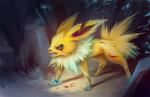 ambiguous_gender bracelet detailed_background feral fur jewelry solo wounded eldrige nintendo pokemon erebus_(giygaswar) fan_character eeveelution generation_1_pokemon jolteon pokemon_(species)