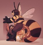 against_surface against_wall ambiguous_fluids ambiguous_gender anal anal_pregnancy antennae_(anatomy) anthro arthropod_abdomen arthropod_abdomen_genitalia big_hands big_tail bloated brown_hair dominant duo egg egg_inflation egg_insertion fangs genitals gynomorph gynomorph/ambiguous gynomorph_penetrated hair huge_tail insect_wings intersex intersex/ambiguous intersex_penetrated oviposition penetration pinned pinned_arms pinned_to_ground pregnant simple_background stinger striped_body stripes tail teeth translucent translucent_body transparent_belly unusual_pregnancy wings millkefats arthropod bee dungeon_honey_bee human hymenopteran insect mammal digital_media_(artwork) hi_res