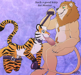 all_fours anthro anthro_on_anthro bdsm binder_(restraint) bodily_fluids body_hair bondage bondage_gear bondage_gloves bound chastity_cage chastity_device clothing collar countershading cuff_(restraint) dialogue dominant dominant_male duo erection fellatio femboy genitals good_kitty green_eyes handwear happy_trail leash leash_pull legbinder male male/male master muscular muscular_male nude oral over_sheath_chastity_cage penile penis pet_praise petplay praise pubes restraints roleplay saliva saliva_on_penis sex sheath_chastity_cage size_difference smile striped_body stripes submissive submissive_male teeth text tongue tongue_out thatblackfox kinktober felid hybrid lion mammal pantherine prehistoric_species saber-toothed_tiger tiger absurd_res english_text hi_res