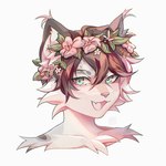 anthro blue_eyes brown_hair cheek_tuft ear_tuft facial_tuft flower flower_crown hair inner_ear_fluff looking_at_viewer open_mouth open_smile pink_nose plant simple_background smile solo tuft white_background bitterk4t felid mammal 2021 digital_drawing_(artwork) digital_media_(artwork) hi_res