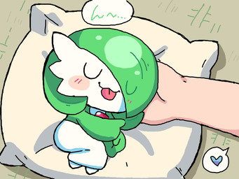 chibi disembodied_hand duo eyes_closed female on_pillow pillow sleeping tongue tongue_out melfunnysmell nintendo pokemon gaba_(melfunnysmell) gardevoir generation_3_pokemon human humanoid mammal pokemon_(species) 4:3