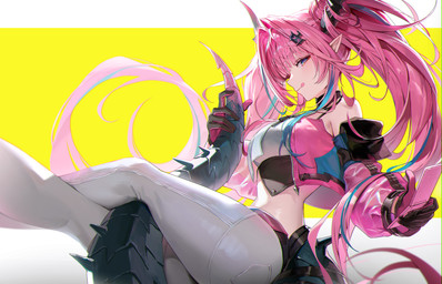 accessory bare_shoulders big_breasts black_choker black_clothing black_gloves black_handwear black_jewelry black_necklace blue_eyes bottomwear breasts choker clothed clothing crop_top electronics female gloves hair hair_accessory hair_between_eyes handwear holding_own_tail holding_tail horn jacket jewelry long_hair necklace not_furry one_eye_visible open_clothing open_jacket open_topwear pants phone pigtails pink_clothing pink_hair pink_jacket pink_topwear pointy_ears prick_ears shirt sitting sleeves smile tail tongue tongue_out topwear white_bottomwear white_clothing white_pants ryugisa arknights arknights_endfield hypergryph mythology studio_montagne yvonne_(arknights) animal_humanoid dragon dragon_humanoid horned_humanoid humanoid mythological_creature mythological_scalie scalie absurd_res hi_res