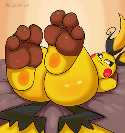 2_tails 3_toes ambiguous_gender countershade_hands countershade_toes countershading feet feet_up foot_fetish foot_focus humanoid_feet legs_up lying multi_tail on_back plantigrade solo tail thick_thighs toes yellow_body duskfenra nintendo pokemon pokemon_legends_z-a generation_9_pokemon mega_evolution mega_raichu mega_raichu_x pokemon_(species) hi_res
