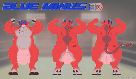 anthro anus bow_ribbon female flat_chested genitals mask muscular muscular_female scar solo teats thick_thighs udders vulva wide_hips fruitybootyraptor blue_minus bovid bovine mammal hi_res