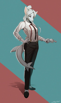 accessory anthro black_bottomwear black_clothing black_footwear black_pants black_sclera black_shoes blue_eyes bottomwear clothed clothing female footwear gun hair handgun necktie pants ranged_weapon revolver shark_tail shirt shoes solo topwear weapon white_body white_clothing white_hair white_shirt white_topwear jennytsd17689 hybrid hi_res