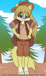 anthro backpack barefoot blonde_hair blue_eyes clothed clothing eyewear feet female forest fur glasses hair long_hair outside plant solo text tree yellow_body yellow_fur fuf polymorph canid canine fox mammal hi_res url