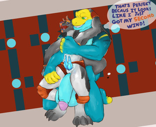 2_penises animal_genitalia animal_penis attribute_theft balls barefoot big_penis bodily_fluids clothing coagulis cocky_smile duo feet fingerless_gloves flaccid genital_piercing genitals gloves glowing glowing_genitalia glowing_penis growth handwear hemipenes huge_penis hyper hyper_genitalia hyper_penis knee_pads male male/male multi_genitalia multi_penis penis penis_piercing piercing size_difference size_theft surprised sweat sweatdrop text draconic_burners monroe_lehner avian bird collared_lizard galliform hybrid lizard peafowl phasianid reptile scalie snake english_text hi_res