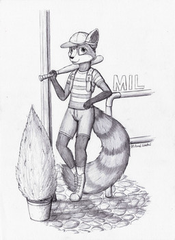 anthro backpack baseball_bat bat_(object) boots clothing footwear hat headgear headwear male railing shoes smile socks solo azural_cobaltros earthbound_(series) nintendo mil ailurid mammal red_panda graphite_(artwork) hi_res traditional_media_(artwork)