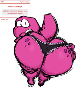 anthro big_butt biped butt clothed clothing crossdressing lingerie male pink_body pink_eyes simple_background solo text underwear white_background filthyopossum gameoverse glitch_productions gobbles_(gameoverse) dinosaur prehistoric_species reptile scalie 2026 english_text hi_res