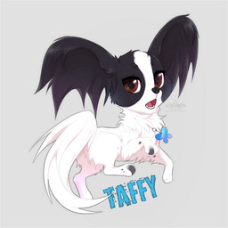 big_ears black_ears black_markings black_nose brown_eyes eyelashes female feral fur jewelry looking_at_viewer markings midair necklace necklace_only nude open_mouth simple_background solo tail teeth text white_body white_fur white_tail azzai canid canine canis domestic_dog mammal papillon toy_dog 1:1 2018 character_name colored digital_drawing_(artwork) digital_media_(artwork) english_text shaded