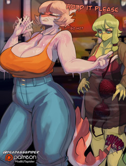 aged_up anthro bangs big_breasts blonde_hair blush bodily_fluids bottomwear bra breasts cleavage clothed clothing denim denim_bottomwear denim_clothing digit_ring duo eyelashes fanning fanning_self female finger_ring freckled_chest freckled_face freckled_shoulders freckles glistening_eyelids green_hair hair half-moon_glasses holding_bra holding_clothing holding_object holding_underwear huge_breasts jeans jewelry long_eyelashes mature_female motion_lines no_bra pants scales spiked_tail spikes spikes_(anatomy) sweat sweaty_breasts tail underwear white_body white_scales deadassspider goodbye_volcano_high ko_op_(game_developer) naomi_(gvh) stella_(gvh_beta) dinosaur hadrosaurid ornithischian ornithopod parasaurolophus prehistoric_species reptile scalie stegosaurian stegosaurus thyreophoran hi_res