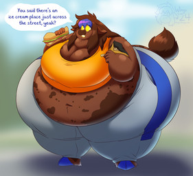 anthro big_butt blue_hair bottomwear brown_body brown_hair butt butt_from_the_front chips_(food) chubby_cheeks clothing female food glowing glowing_eyes grey_bottomwear grey_clothing grey_pants hair long_hair morbidly_obese morbidly_obese_anthro morbidly_obese_female obese obese_anthro obese_female overweight overweight_anthro overweight_female pants potato_chips sandwich_(food) solo sweatpants tail tail_tuft text thick_thighs topwear tuft wide_hipped_female wide_hips yellow_clothing yellow_eyes yellow_topwear wingnutxlv winguthings meadow_(winguthings) bovid bovine cattle mammal absurd_res english_text hi_res