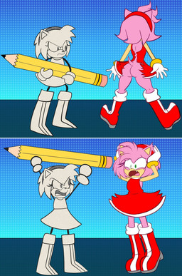 anthro butt clothing drawing_(object) duo embarrassed exposed_ass female parody pencil_(object) scared screaming wardrobe_malfunction demi-chan nickelodeon sega sonic_the_hedgehog_(series) spongebob_squarepants amy_rose doodlebob animate_inanimate eulipotyphlan hedgehog mammal absurd_res hi_res