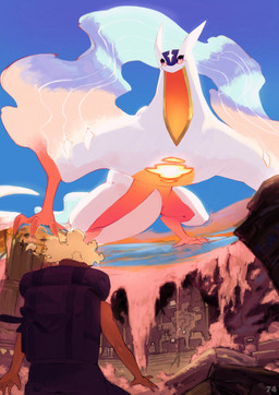 4_fingers backpack blonde_hair clothed clothing cloud dark_body dark_skin desert duo feral fingers flying hair horn light light_horn looking_down multicolored_body orange_body outside ruins sand sky two_tone_body white_body naokuren fakemon mythology nintendo pokemon human laceorgana legendary_pokemon lizard mammal pokemon_(species) reptile scalie absurd_res hi_res