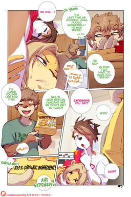 anthro black_nose blep brown_body brown_fur brown_hair brown_nose chokehold clothing dialogue fur gameplay_mechanics green_clothing green_eyes green_shirt green_topwear grin group hair male pancake_mix pupils red_clothing red_shirt red_topwear sharp_teeth shirt smile sparkles speech_bubble tan_body tan_fur teeth text tongue tongue_out topwear trio white_body white_fur yellow_body yellow_fur tokifuji adrian_iliovici milo_stefferson canid canine felid fox lion mammal mustelid otter pantherine 2026 2:3 comic english_text hi_res