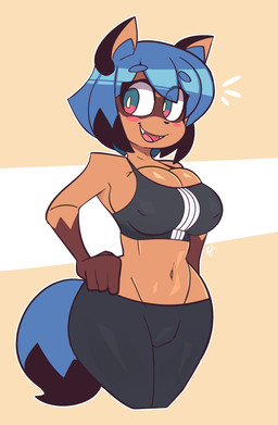 anthro big_breasts biped black_bottomwear black_clothing black_pants black_tail_tip blue_hair blue_tail blush bottomwear bra breasts cleavage clothed clothing dipstick_tail emanata female front_view geometric_background hair hand_on_hip markings midriff nipple_outline pants short_hair simple_background solo sports_bra sportswear standing tail tail_markings tan_background underwear white_background white_body buxy brand_new_animal studio_trigger michiru_kagemori canid canine mammal raccoon_dog tanuki 2023 absurd_res digital_drawing_(artwork) digital_media_(artwork) hi_res portrait signature three-quarter_portrait