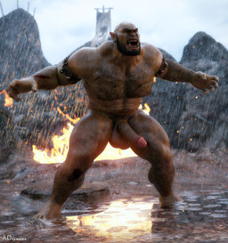 balls banner blood bodily_fluids body_hair chest_hair detailed_background erection facial_hair fire genitals humanoid_genitalia humanoid_penis male muscular muscular_male not_furry nude open_mouth outside penis raining rock solo standing water wounded ad-games gorzak_(ad-games) humanoid orc 3d_(artwork) digital_media_(artwork) hi_res