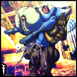 anal balls big_balls big_breasts big_penis black_body black_fur blue_body blue_fur bodily_fluids breasts cum cum_in_ass cum_inflation cum_inside full_nelson fur genital_fluids genitals gold_accessories huge_balls huge_breasts huge_penis inflation intersex penis dnp101 egyptian_mythology middle_eastern_mythology mythology anubis canid canine deity fox mammal 1:1 hi_res