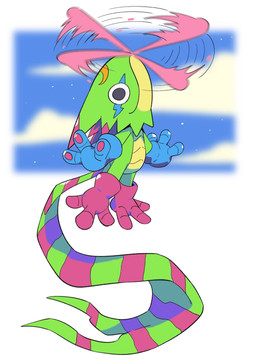 anthro green_body helicopter_tongue humor long_tongue male markings solo striped_markings striped_tail stripes tail tail_markings tongue zheshigeyhm bandai_namco digimon digimon_beatbreak digimon_(species) gekkomon scalie hi_res