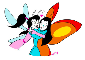 antennae_(anatomy) black_hair hair heart_symbol hug long_hair ponytail simple_background white_background white_body white_skin wings lilminette the_secret_of_mulan mulan_(the_secret_of_mulan) zhing-zhing arthropod butterfly dragonfly humanoid insect lepidopteran 2019 signature source_request unavailable_at_source