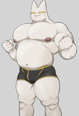 anthro belly big_muscles black_clothing black_underwear blush bodily_fluids bottomwear bulge clothed clothing grey_background male muscular muscular_anthro muscular_male navel nipples noseless overweight overweight_anthro overweight_male pecs pointy_ears sharp_teeth simple_background smile solo sweat teeth topless underwear white_body white_skin yellow_eyes oyasmis miya_(oyasmis) domestic_cat felid feline felis mammal hi_res