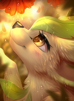 ambiguous_gender blush feral flower fur light looking_up plant raining smile solo sunlight bloominglynx nintendo pokemon eeveelution generation_4_pokemon leafeon pokemon_(species) absurd_res digital_media_(artwork) digital_painting_(artwork) hi_res painting_(artwork) shaded