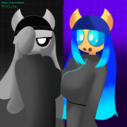blue_eyes blue_hair breasts dark_eyes duo female female/female grey_body grey_hair hair horn machine yellow_body invisha geometry_dash n/a robot 1:1 absurd_res hi_res