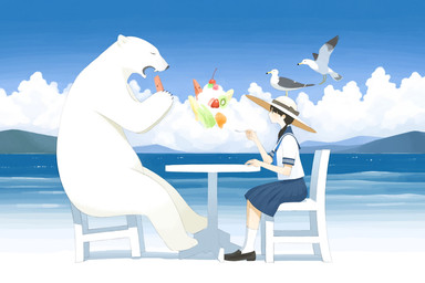beach cherry cloud dessert female food fruit group kiwifruit melon outside plant sand seaside sky strawberry watermelon watermelon_slice namito111 avian bear bird gull human lari larid mammal polar_bear ursine