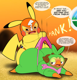 angry anthro bedroom_eyes big_butt biped blush butt clothing clothing_pull cosplay_pikachu_(costume) dialogue duo in_denial kerchief lying male male/male mask motion_lines narrowed_eyes on_front onomatopoeia panties seductive sound_effects sports_mask sportswear teasing text thick_thighs underwear underwear_pull wedgie wedgie_fetish wrestling_mask tepigfan101 nintendo pokemon pokemon_mystery_dungeon spike_chunsoft calvin_(tepigfan101) casey_(tepigfan101) pikachu_libre generation_1_pokemon generation_8_pokemon grookey pikachu pokemon_(species) absurd_res hi_res