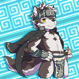 5_fingers accessory anthro belt belt_buckle black_body black_fur black_nose bottomwear buckle chest_tuft claws clothing coat_cape countershade_fur countershading fingers fluffy fluffy_tail fur hand_on_hip headband jacket_on_shoulders loincloth looking_at_viewer male nipples pawpads solo tail tuft white_body white_fur yellow_eyes oouyuki_benten lifewonders tokyo_afterschool_summoners horkeu_kamui_(tas) canid canine canis mammal wolf 1:1 2017 shaded